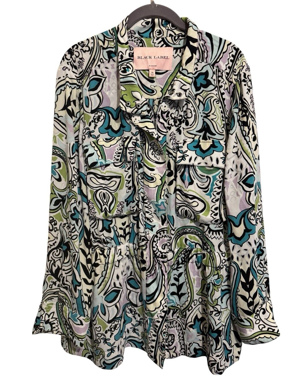 Black Label by Chico's Paisley Easy Shirt Jacket Front Pockets Zip Snap Size 16